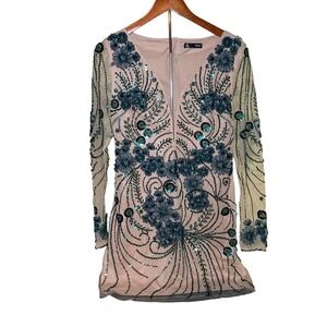 Anewsta Embellished Mini Dress Women Size M Teal Nude Sequin Floral Beaded